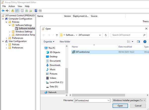 Group Policy Management Editor with a Group Policy Object named 247connect Control selected. Under Computer Configuration > Policies > Software Settings > Software installation, a file browser window is open. The selected file is 247control.msi, located in the 247connect folder on the Data (D:) drive. The file type is set to Windows Installer packages (*.msi).